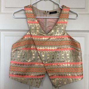 Metallic Crop Top Pink & gold brocade pattern polyester criss cross back